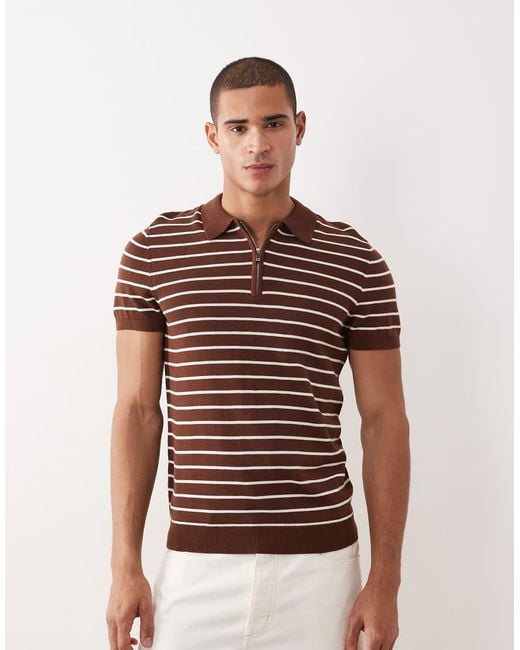 New Look Natural Stripe 1/4 Zip Polo for men