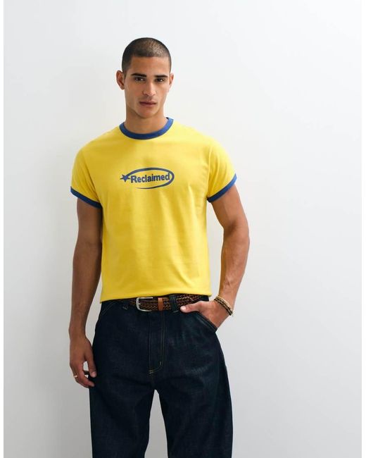 Reclaimed Vintage Yellow Contrast Ringer Slogan T-shirt for men