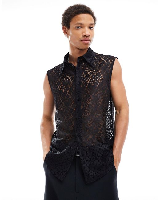 ASOS Black Sleeveless 70s Collar Lace Shirt for men