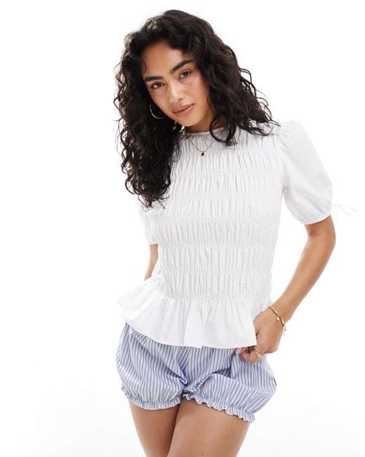 ASOS White Puff Sleeve Top With Shirring Detail