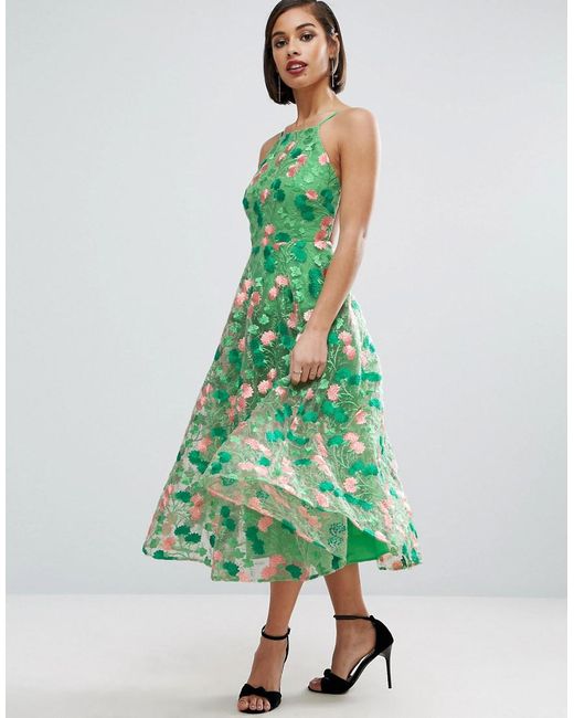 asos green prom dress Salon Floral Embroidered Backless Pinny Midi in asos emerald green occasion dress