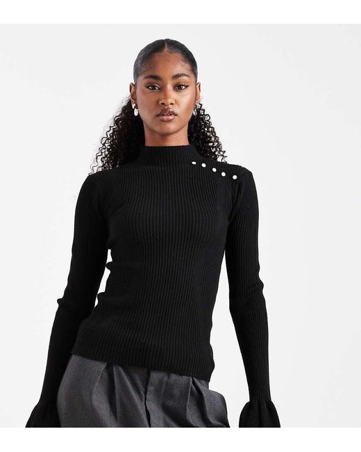 The Frolic Black Exclusive Ribbed Knit Pearl Detail Flare Sleeve Jumper