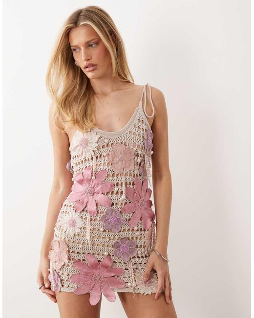 ASOS Pink Crochet Cami Mini Dress With Floral Embellishment
