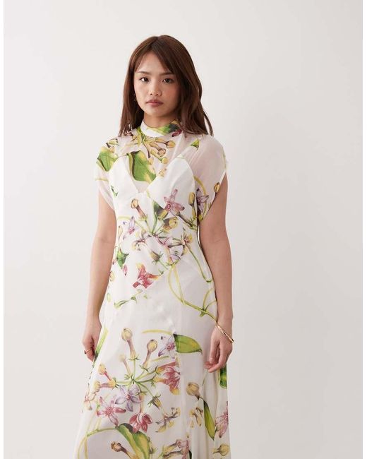 ASOS Natural Asos Design Petite High Neck Hanky Hem Chiffon Maxi Dress