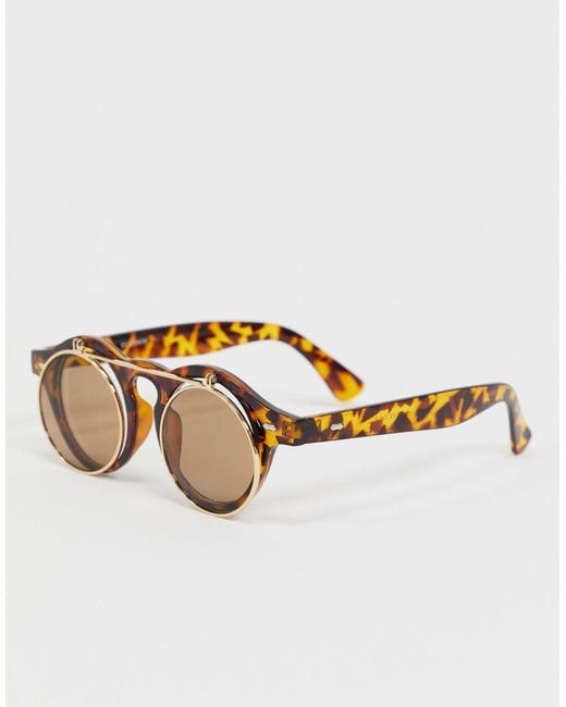 BoohooMAN – Runde Schildpatt-Sonnenbrille mit klappbaren Gläsern in Brown für Herren
