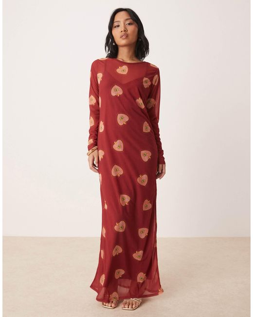 Never Fully Dressed Red Petite – langärmliges netzstoff-maxikleid