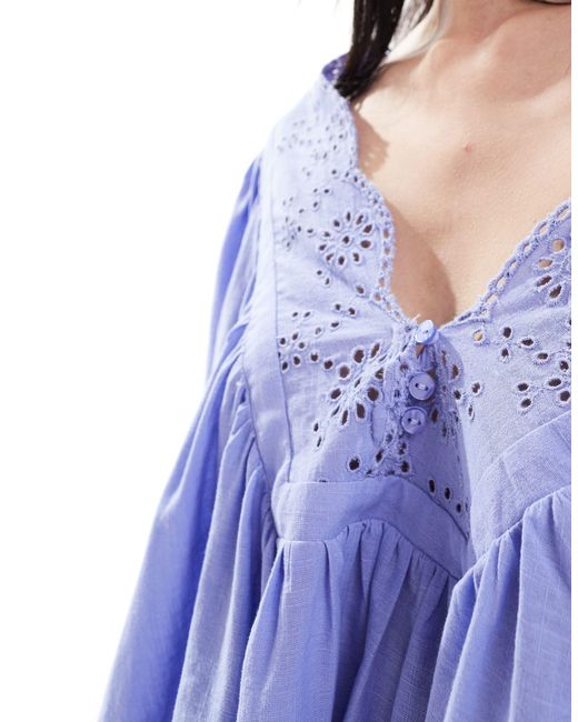 Free People Blue V Neck Broderie Puff Sleeve Blouse