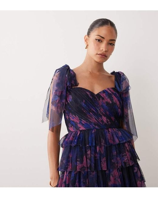 LACE & BEADS Blue Bridesmaid Bow Shoulder Tulle Maxi Dress