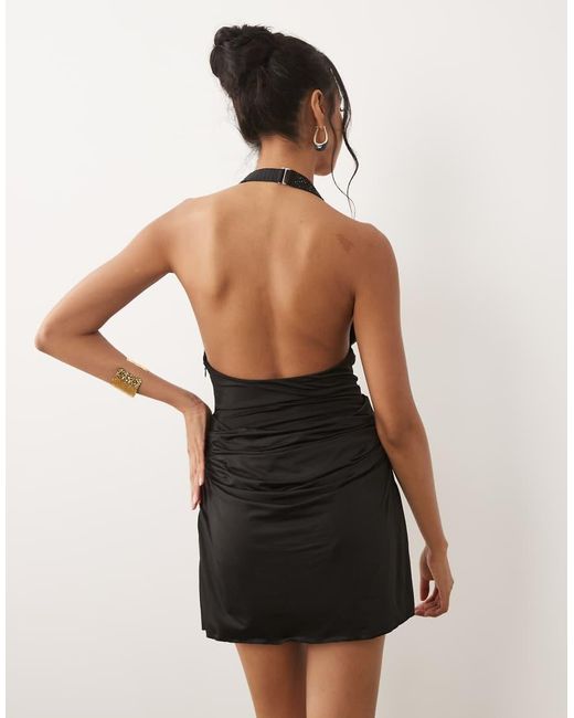 Oh Polly Natural Embellished Halter Neck Drape Skirt Mini Dress