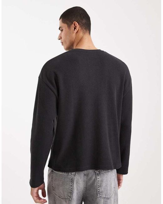 Cotton On Black Relaxed Fit Textured Henley Long Sleeve T-shirt for men