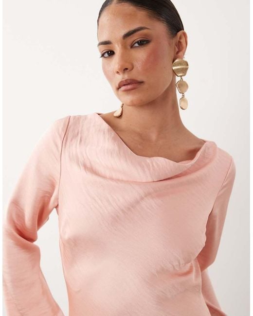 TFNC London Pink Satin Flared Long Sleeve Maxi Dress
