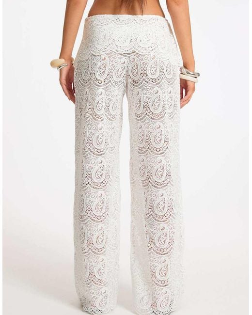 Missy Empire White Paisley Crochet Fold Over Straight Leg Trouser