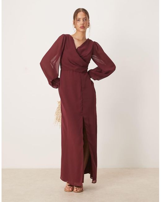 ANAYA Red Faux Wrap Blouson Sleeve Maxi Dress