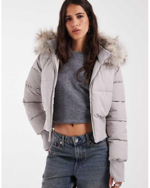 Hollister Gray Cropped Nylon Puffer Jacket With Faux Fur Hood