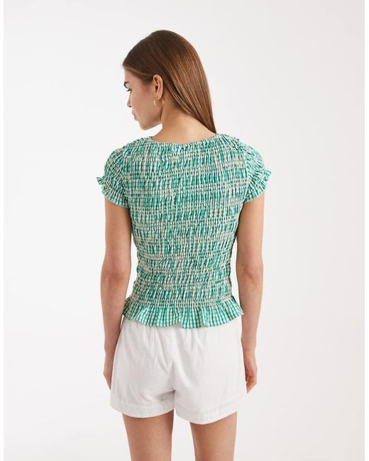 Daisy Street Green Shirred Short Sleeve Top