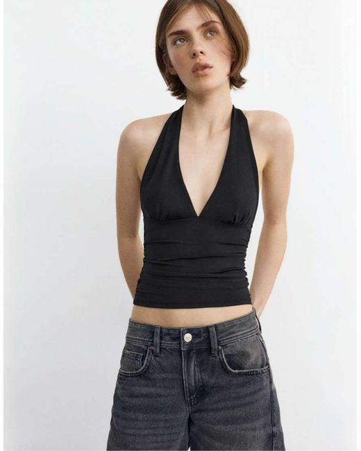 Pull&Bear Blue Halter Neck Top With Gathering