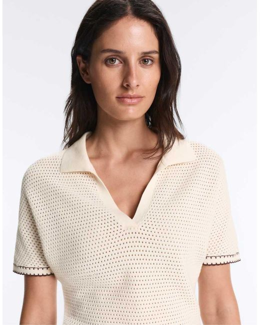 Oysho White Cotton Blend Openwork Knit Polo