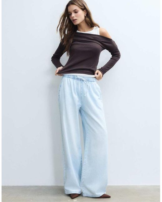 Stradivarius Blue Flowy Denim Trousers With Drawstring