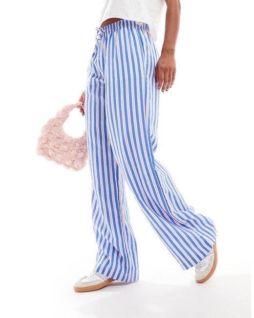 Bershka Blue Tie Waist Wide Leg Linen Look Trousers