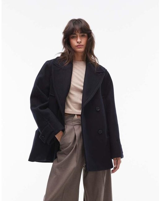 & Other Stories Blue Wool Blend Double Breasted Cropped Coat With Double Pocket Detail
