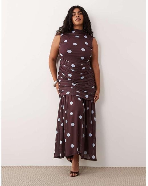 ASOS Brown Asos Design Curve Printed Polka Dot Ruched Drop Waist Circle Dress With Grown On Neck