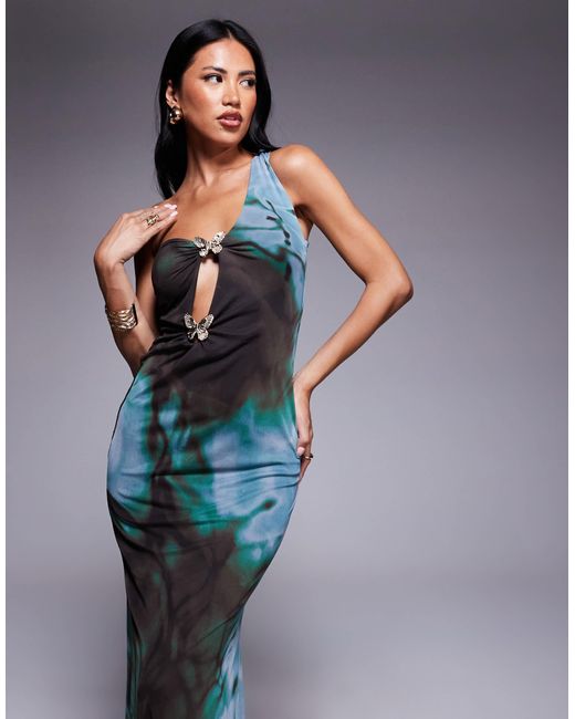 ASOS Blue Mesh Asymmetric One Shoulder Midi Dress With Butterfly Trims