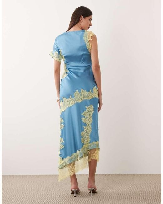 Never Fully Dressed Blue Fearne Satin Lace Detail Midi Dress