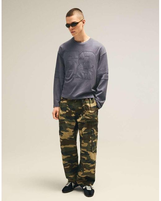 Bershka Blue Long Sleeve Print T-shirt for men