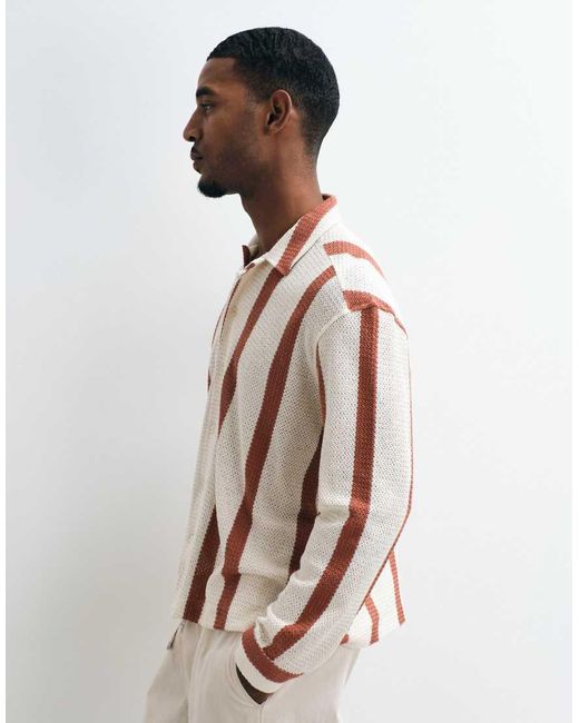 ASOS Natural Relaxed Crochet Stripe Shirt With Placket Detail for men