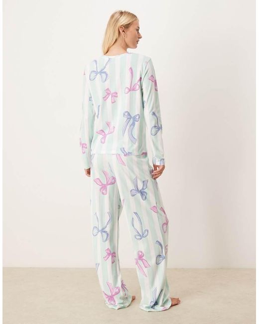 ASOS Blue Asos Design Tall Christmas Bow Long Sleeve Top & Trouser Pyjama Set