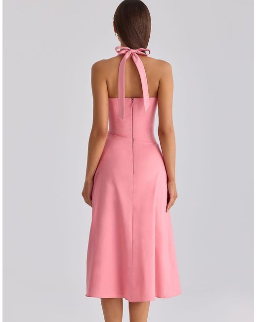 House Of Cb Pink Ysabella Warm Rose Print Cotton Midi Sundress