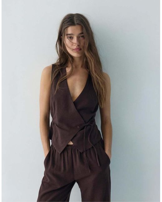 Pull&Bear Black Linen Blend Vest With Side Tie Fastening