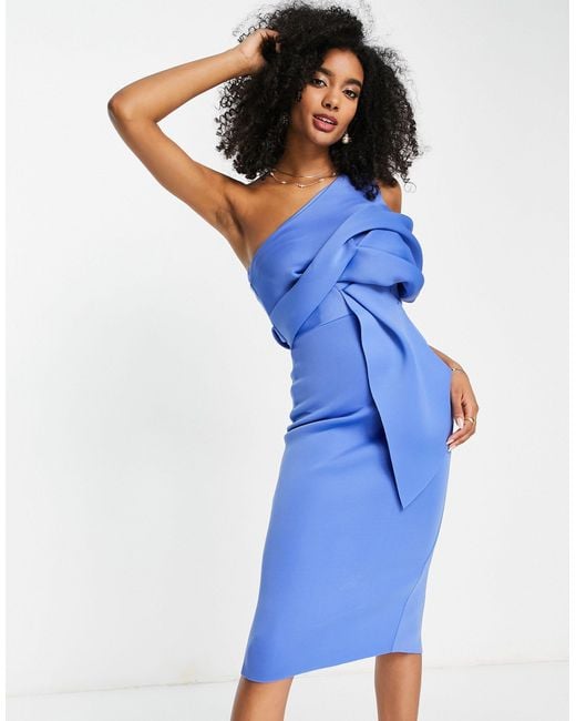 ASOS Peekaboo Shoulder Tuck Midi Pencil Dress in Blue | Lyst UK