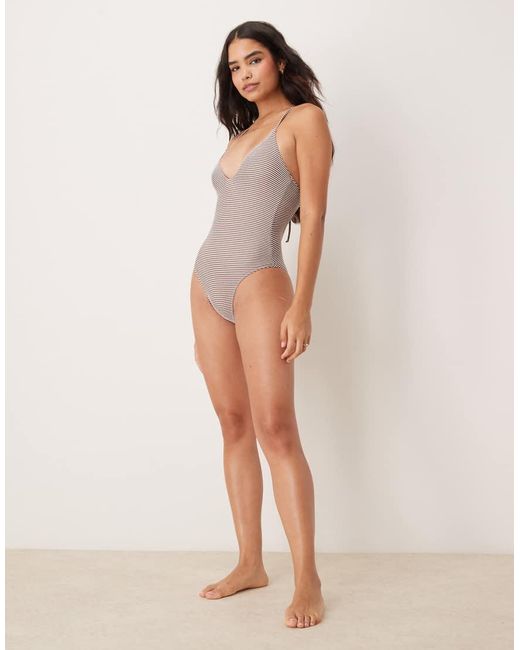 Free Society Brown Stripe Crinkle Plunge Swimsuit
