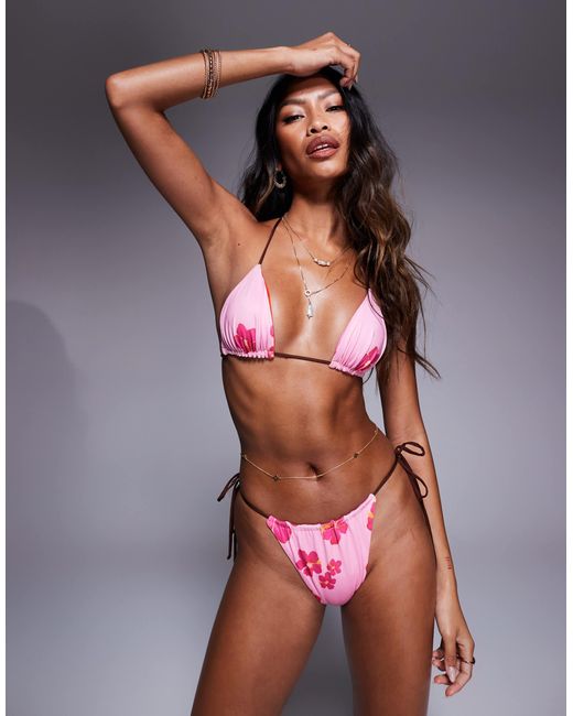 ASOS Pink Hailey Reversible Hibiscus Print Micro Tie Side Bikini Bottom