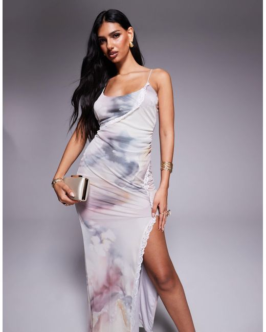ASOS Gray – midikleid aus netzstoff mit tiefem u-ausschnitt, asymmetrischen spitzeneinsätzen und muster