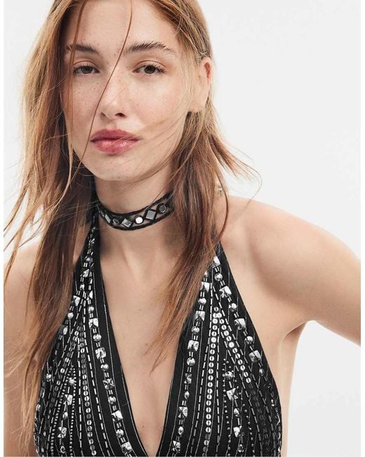Stradivarius Black Beaded Short Halter Dress