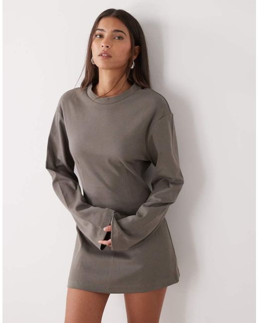 Monki Natural Cinched Waist Long Sleeve Mini Dress