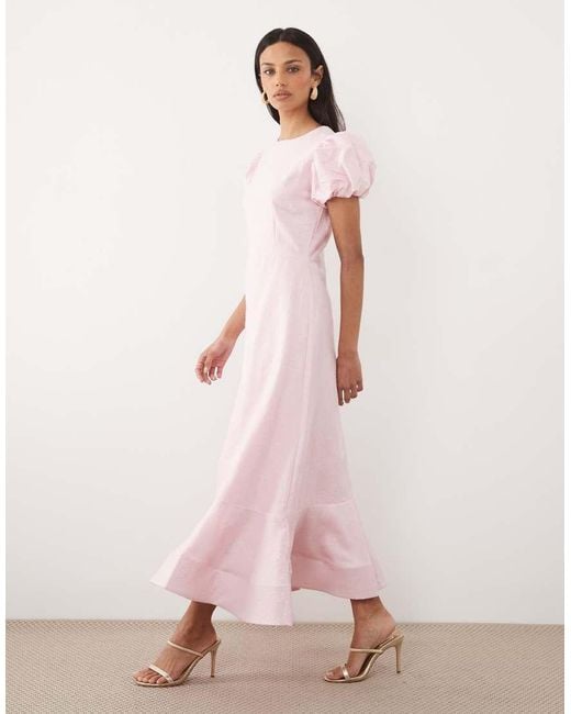 Sister Jane Pink Jacquard Puff Sleeve Structured Hem Midi Dress