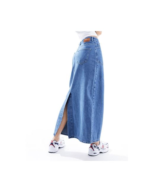 Jupe longue en jean à taille double - moyen délavé Object en coloris Blue