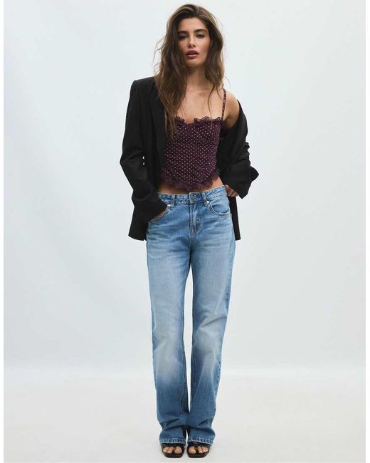 Stradivarius Blue Fitted Floral Print Cropped Top