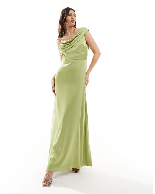 L'invitée - robe asymétrique longue drapée en satin - olive TFNC London en coloris Green