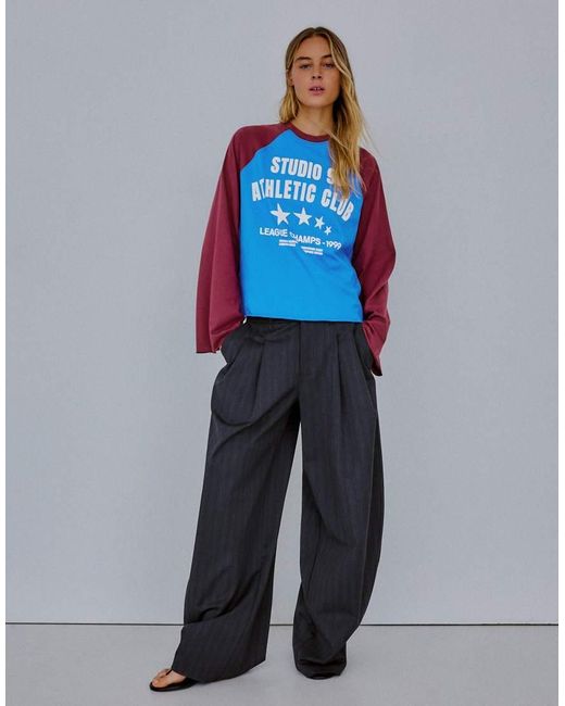Bershka Blue Long-Sleeve Contrast Print Raglan T-Shirt