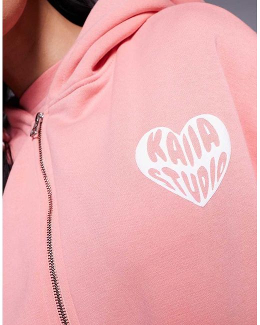 Sudadera Extragrande Con Capucha, Cremallera Y Logo De Corazón En Contraste De (Parte De Un Conjunto)-Naranja Kaiia de color Pink
