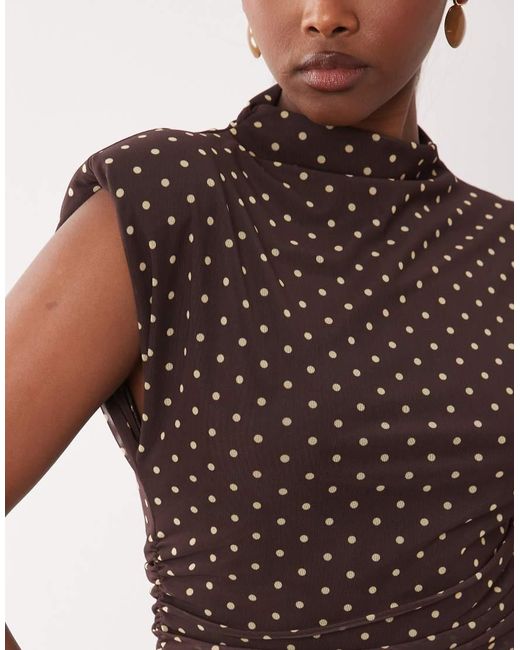 ASOS Brown Printed Mesh High Neck Detail Maxi Dress With Shoulder Pads