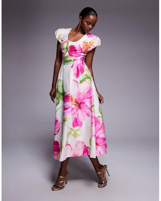 Forever New Pink Scoop Neck Puff Sleeve Panelled Seam Midi Dress