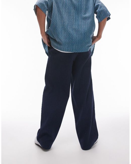 Topman Blue Wide Leg Textured Trousers for men