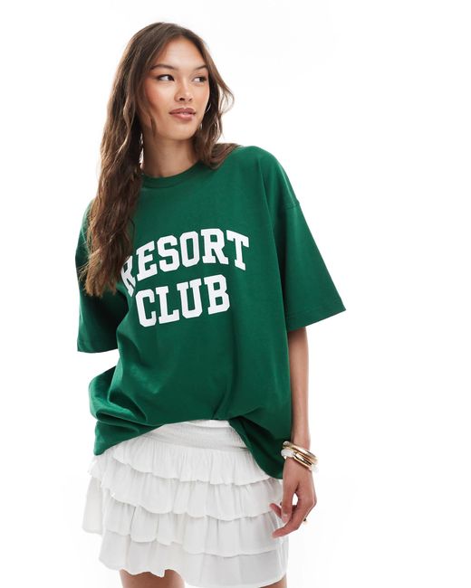 4th & Reckless Green Cotton Resort Club Printed Graphic Oversized T-shirt