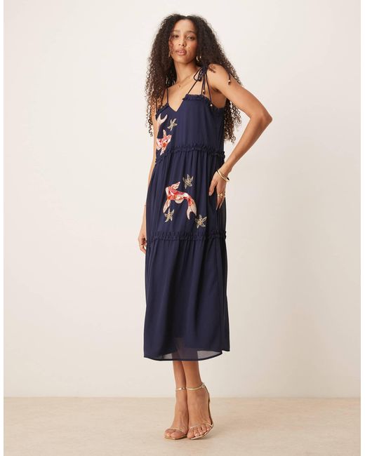 Hope & Ivy Blue Koi Embellished Tiered Midi Dress With Tie Straps