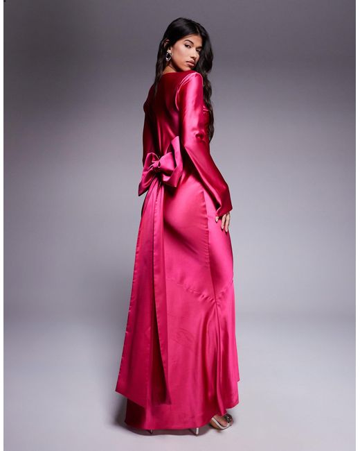 DASKA Pink Satin Maxi Dress With exaggerated Bow Back